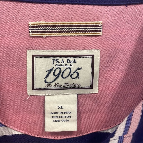 JOS. A BANK Men’s Polo Shirt Blue Pink White Striped 1905 Short Sleeve Size XL - Picture 2 of 5